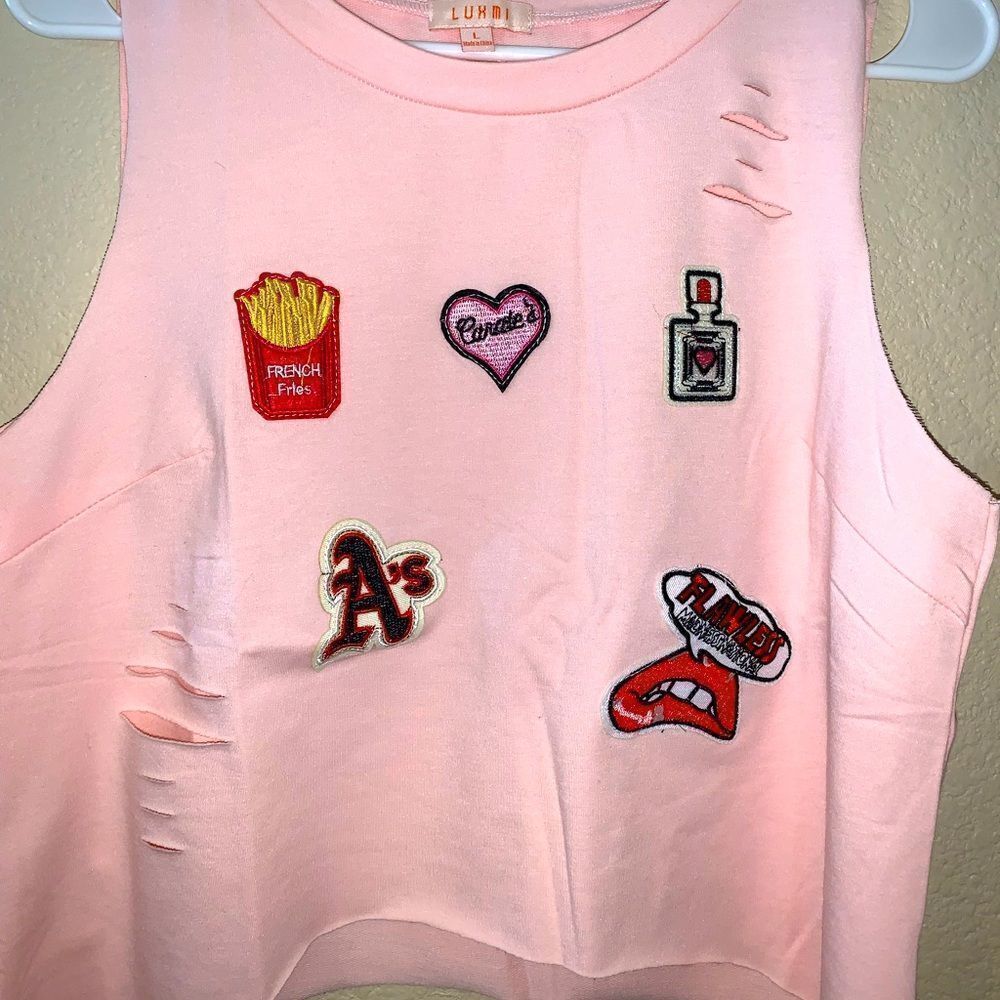Pink Luxmi.  Distress Crop top, with patches. size L